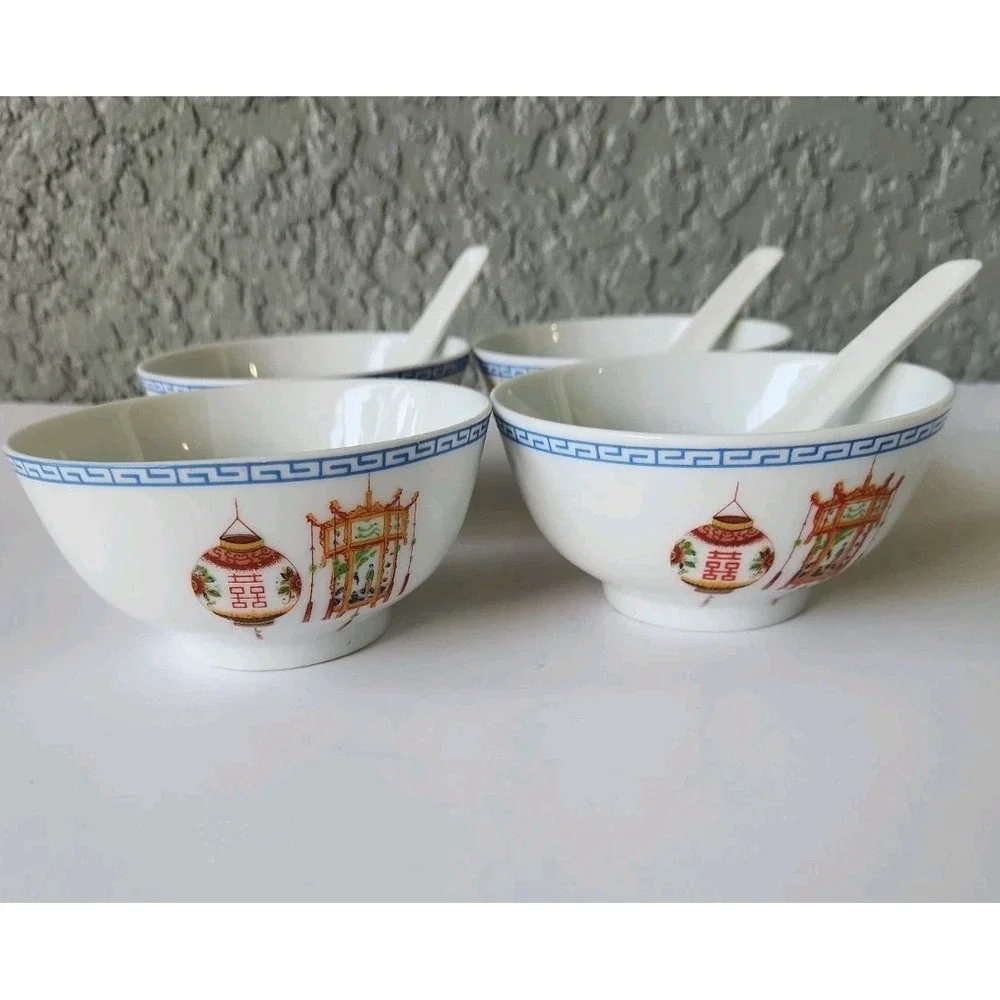Vintage Set Of 4 Tatung Porcelain Rice Soup Bowl Red Lantern Theme